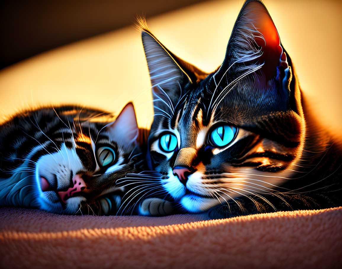 Two Cats with Striking Blue Eyes Cuddling in Warm Orange Light
