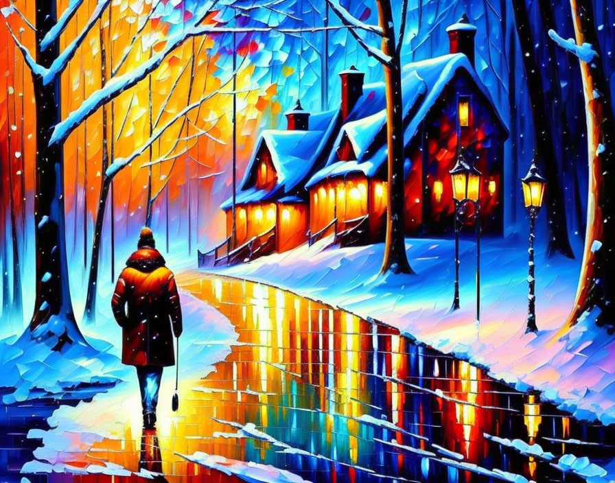 Person walking towards cozy illuminated houses on snowy path with blue winter trees and twilight sky