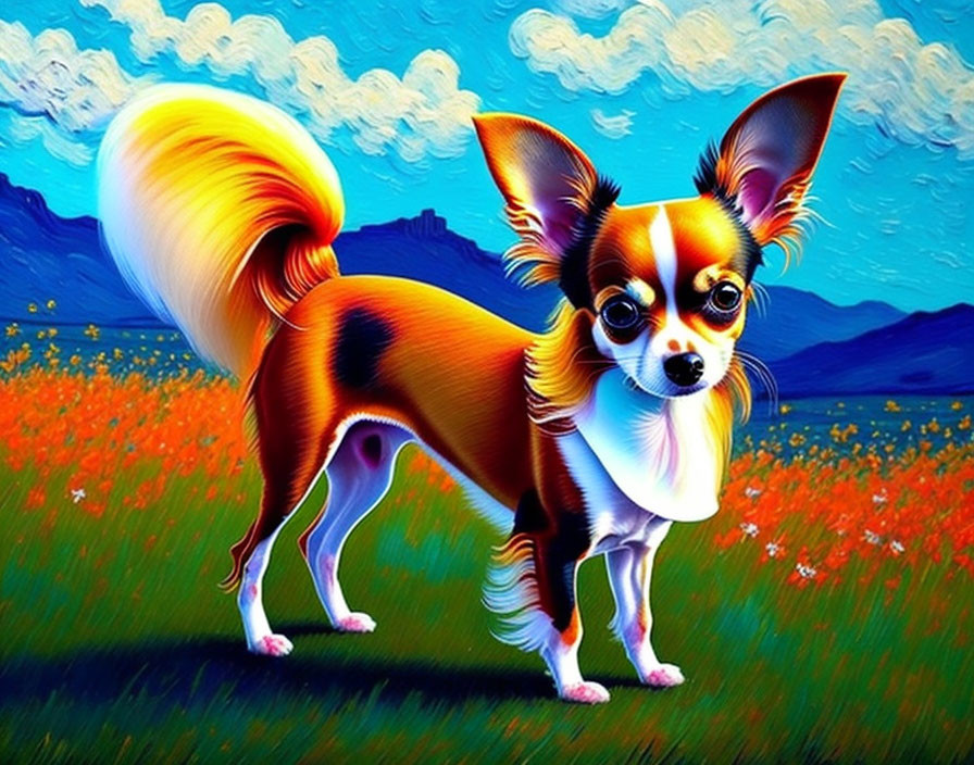 Stylized painting of a Chihuahua in vibrant meadow