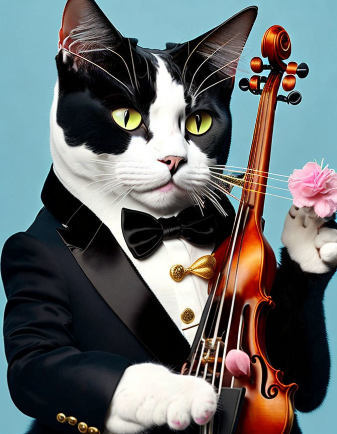 Black and White Cat in Tuxedo with Violin and Pink Flower on Blue Background