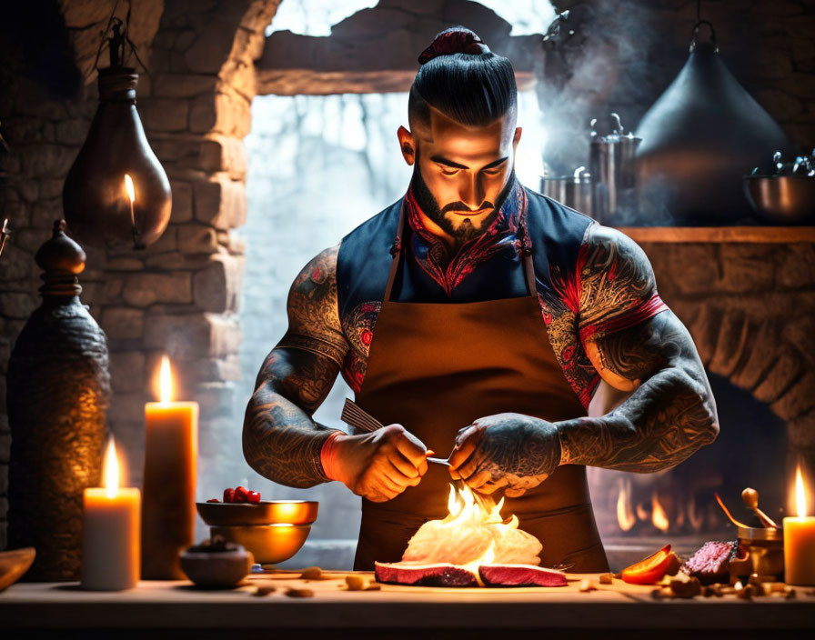 Tattooed chef flambeing food in rustic kitchen