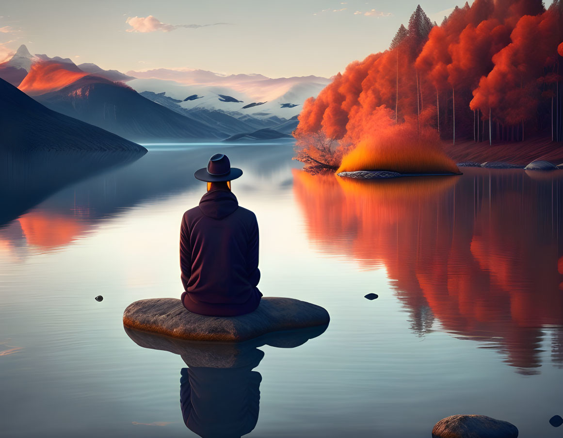 Person in hat and cloak meditating by calm lake at sunset