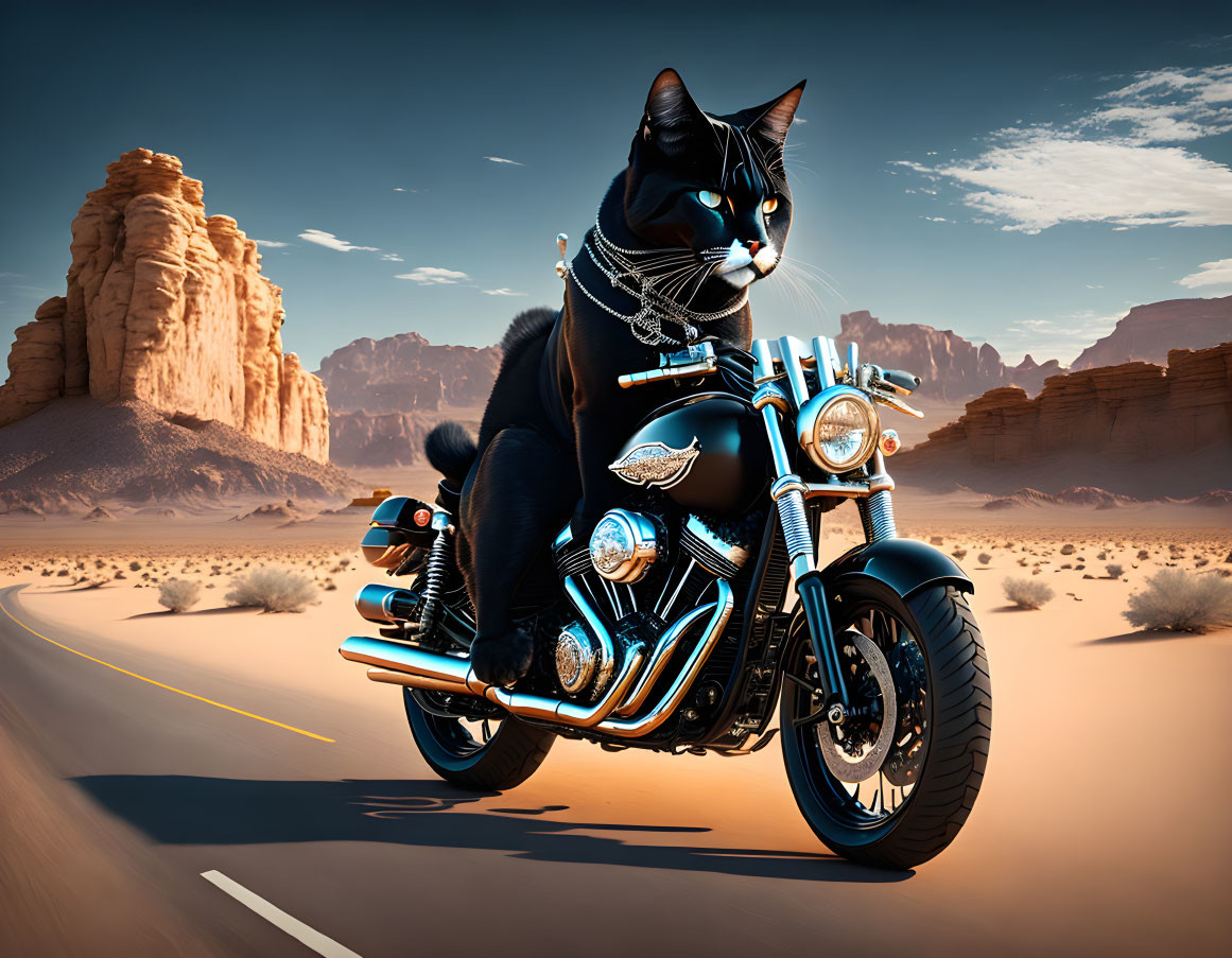 Black cat with jewelry rides motorcycle in desert landscape