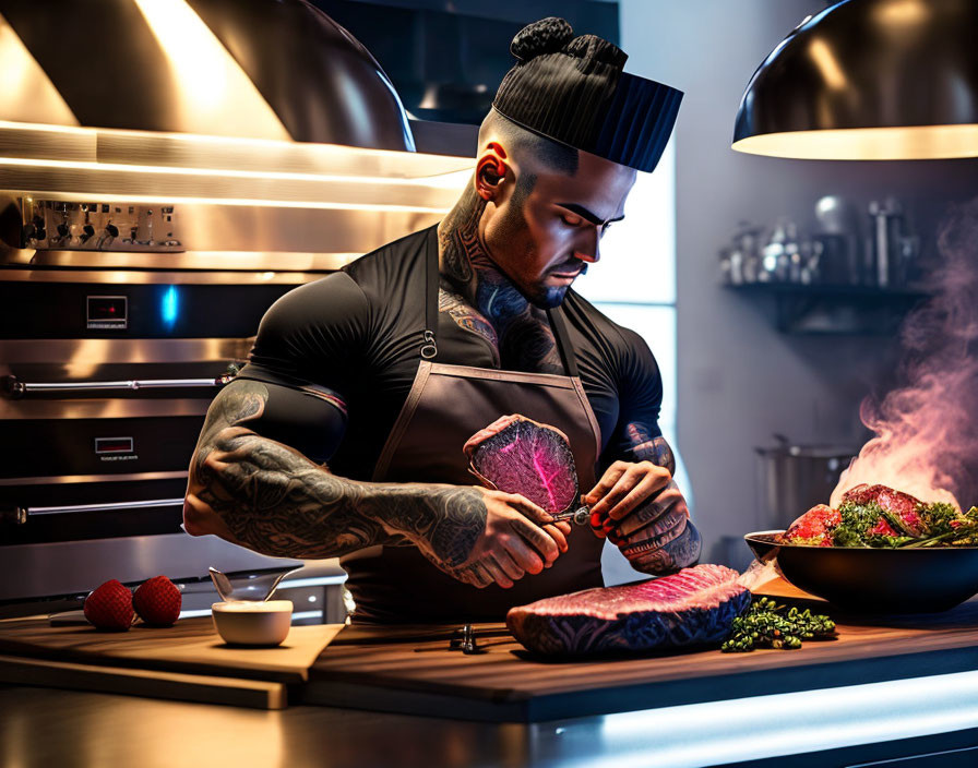 Tattooed chef seasons red meat in professional kitchen