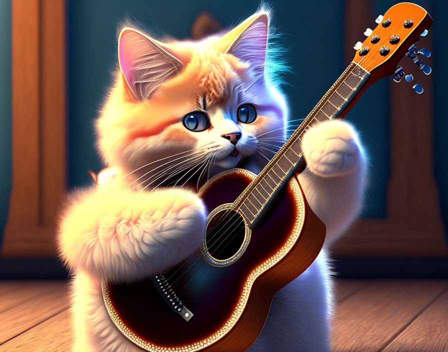 Fluffy Orange and White Kitten Playing Guitar in Warm Indoor Light