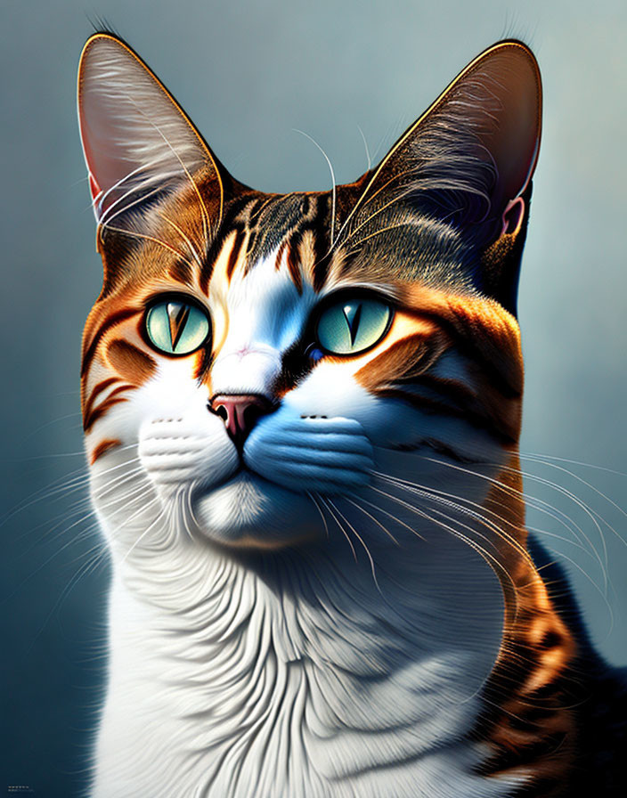 Realistic digital artwork of a green-eyed cat with orange and black stripes on blue background