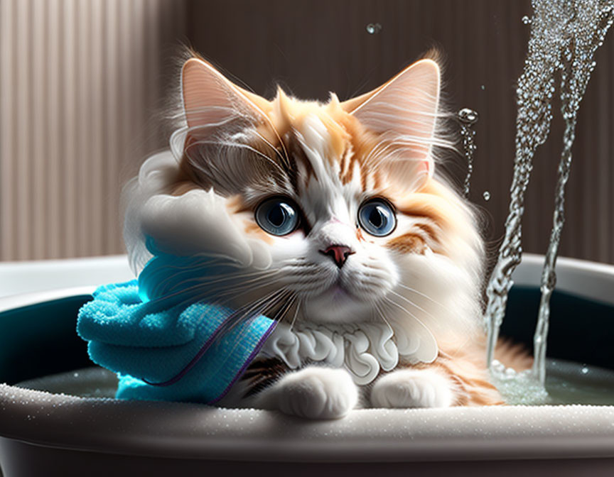 Fluffy Cat with Blue Eyes in Shower Cap Playing with Water
