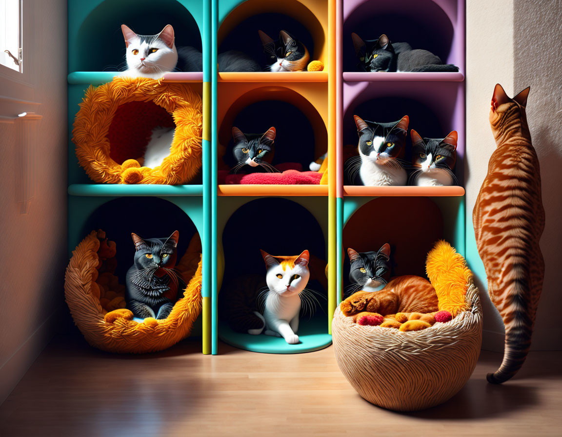 Assorted cats relaxing in vibrant cubbyholes and a basket in a warm room, one cat g
