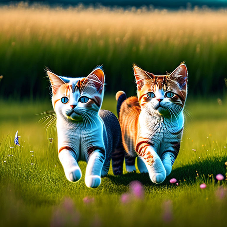 Vibrant cartoon cats with blue eyes in sunlit meadow