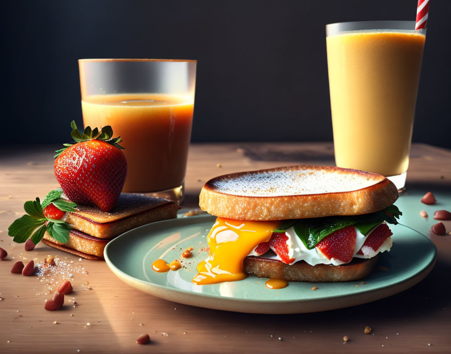 Bagel Sandwich with Egg, Cheese, Strawberries, Orange Juice, Smoothie, and Fresh Ber