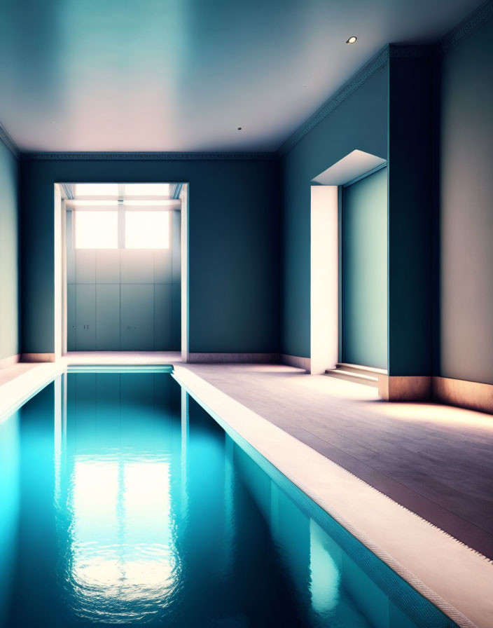 Minimalist Indoor Swimming Pool with Blue Water and Ambient Lighting
