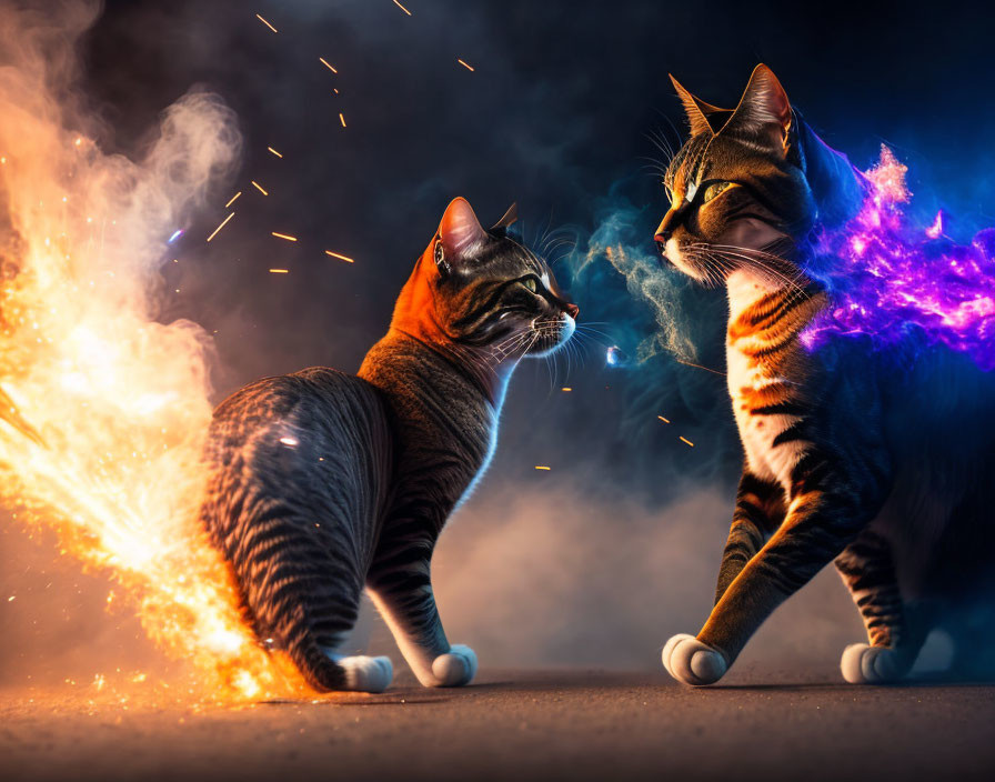 Two cats in dramatic confrontation with colorful sparks and smoke.