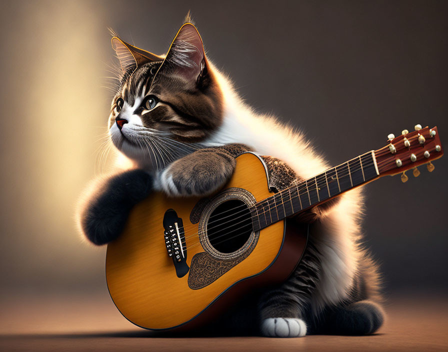 Tabby Cat Resting on Acoustic Guitar with White Belly