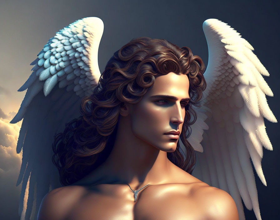 Digital artwork of angelic figure with white wings and curly hair on moody background