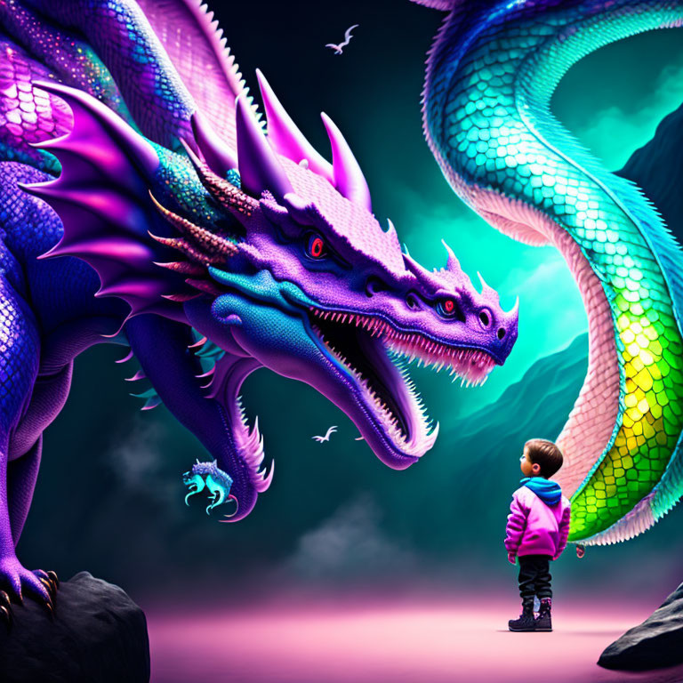Child in Purple Jacket Faces Colossal Multicolored Dragon Under Mystic Sky