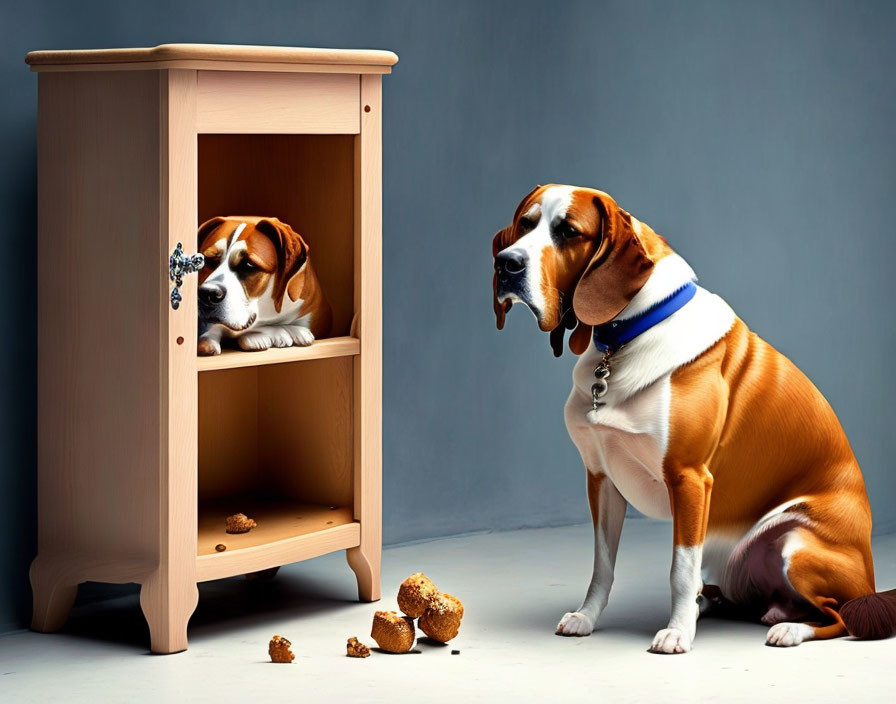 Two dogs in cabinet with scattered food - blue collar on larger dog