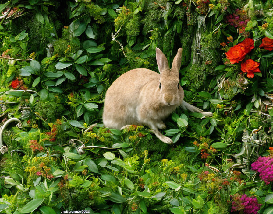 Tan rabbit camouflaged in lush green foliage and vibrant flowers.