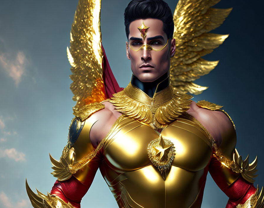 Male figure in golden armor with wings and ornate makeup on blue sky