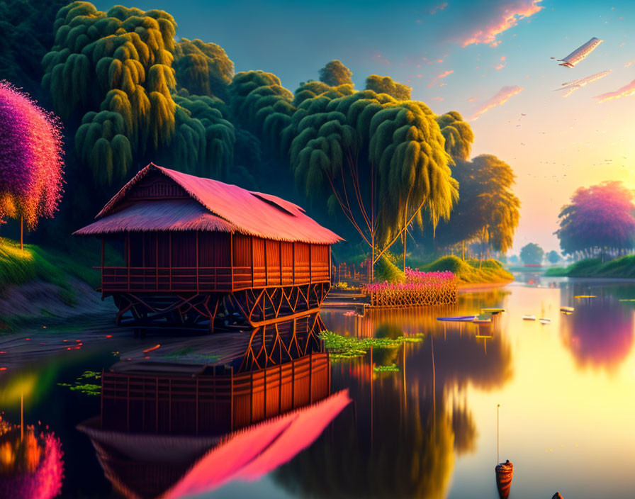 Tranquil twilight riverside scene with stilt house, willow trees, and vibrant skies.