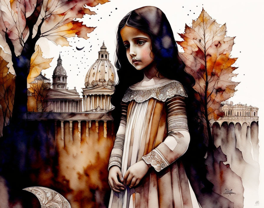 Young Girl in Vintage Clothing Standing in Autumnal Setting with Silhouetted Architecture