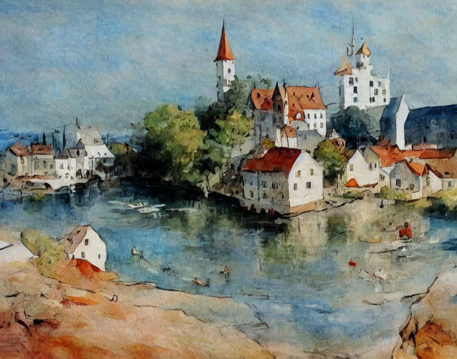 Scenic Watercolor Painting of Riverside Village with Castle