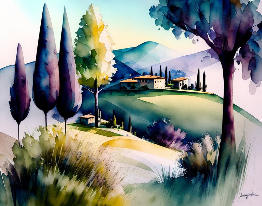 Vibrant Watercolor Painting of Serene Landscape