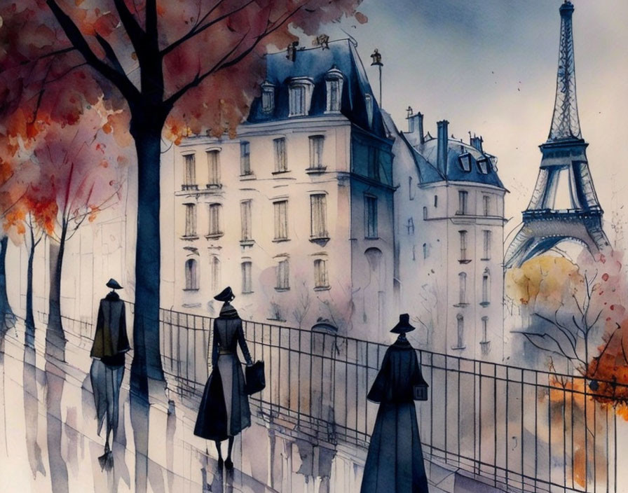 Silhouetted figures by autumn trees with Eiffel Tower - Parisian scene
