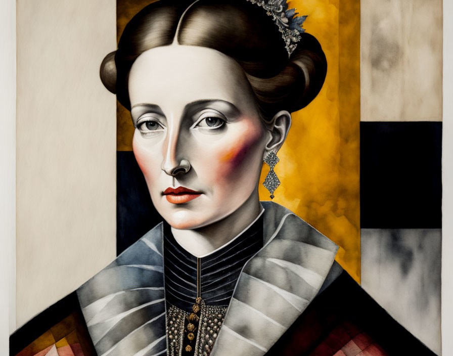 Solemn Woman Portrait with Geometric Background