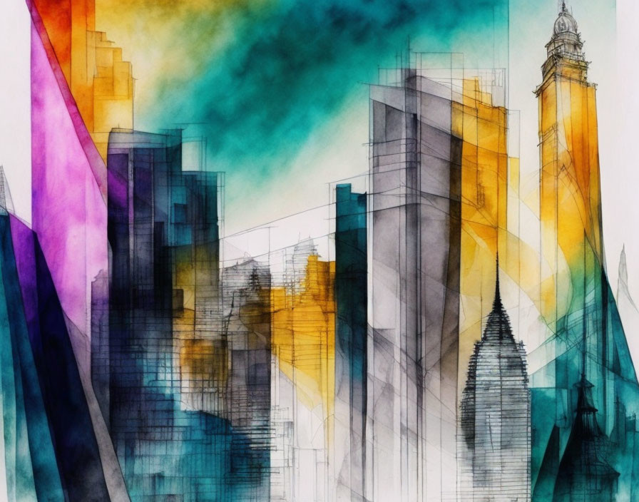 Vibrant cityscape watercolor with geometric shapes on buildings