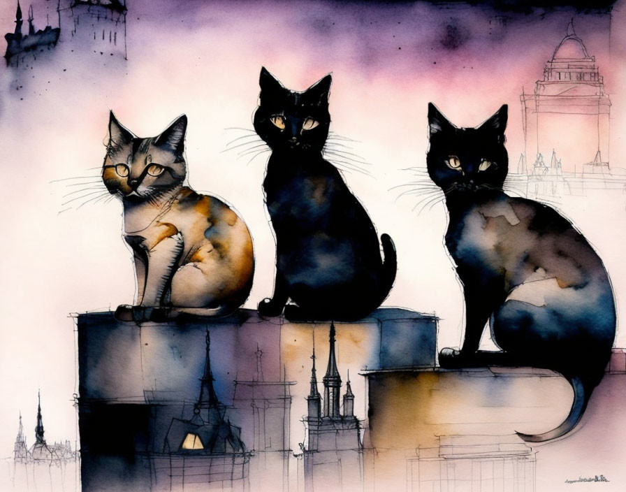 Stylized cats on posts in watercolor cityscape scene