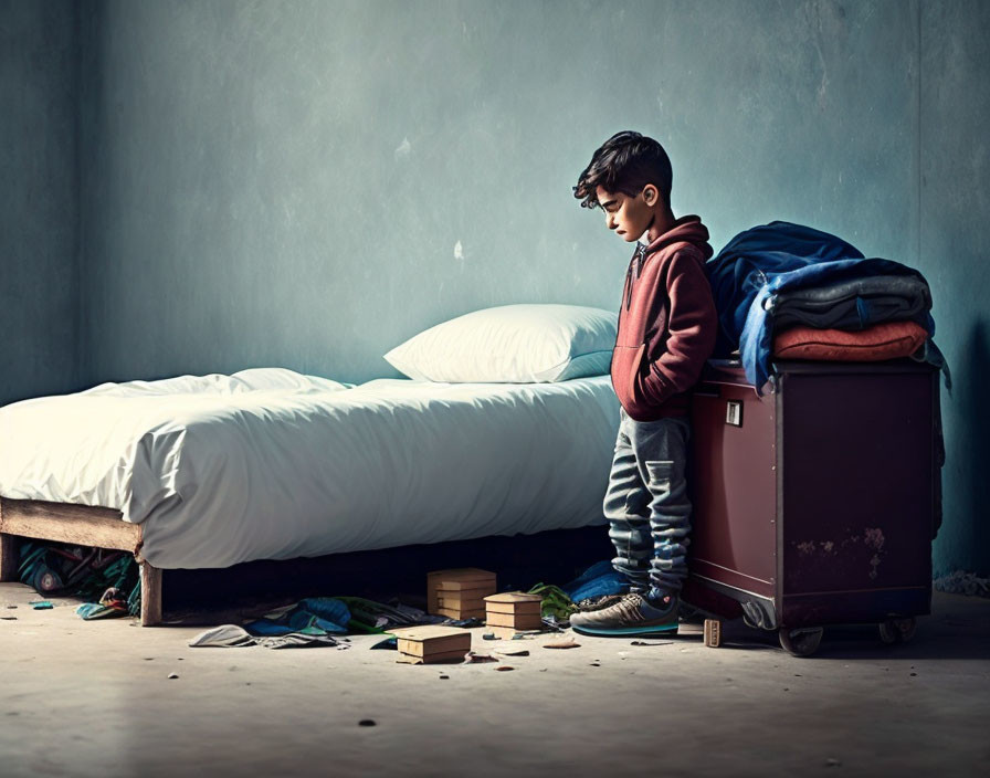 Boy in hoody next to bed and suitcase in cluttered room