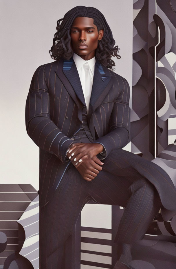 Confident man with flowing hair in pinstriped suit against geometric background