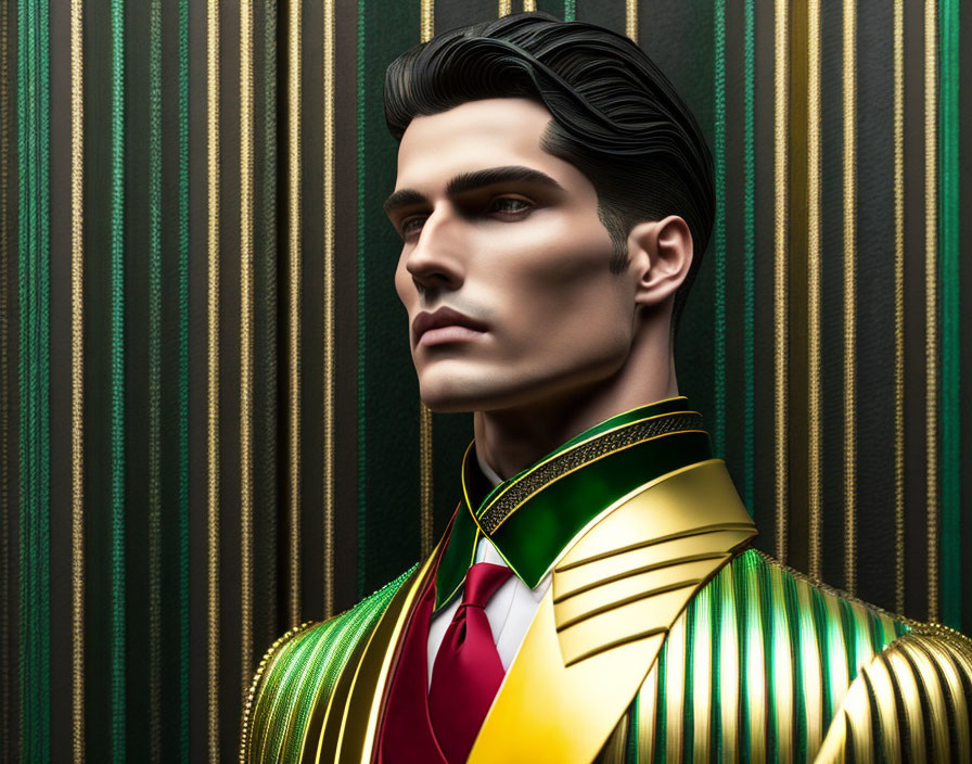 Man with sleek hair in green & gold jacket on striped green background