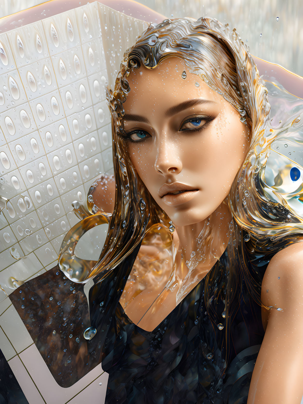 Digital Artwork: Woman with Golden Skin Submerged in Water