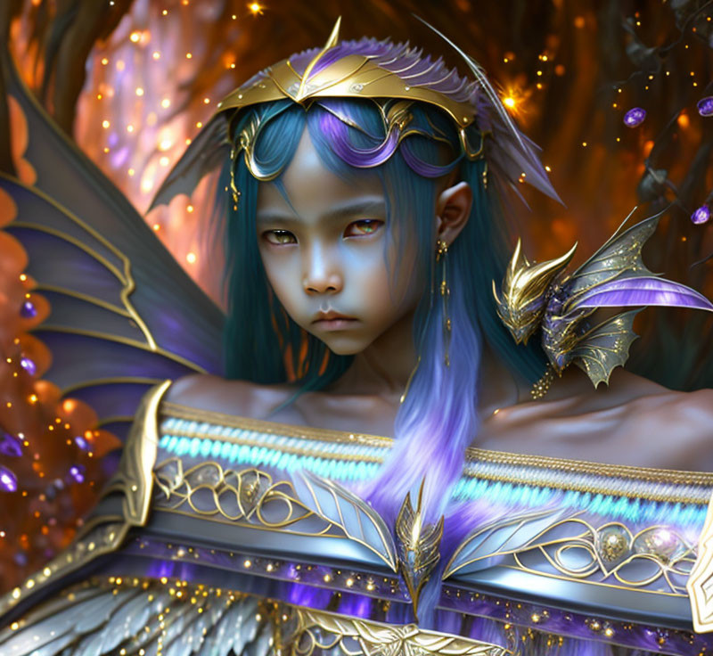 Blue-Purple Haired Fantasy Character in Golden Winged Armor