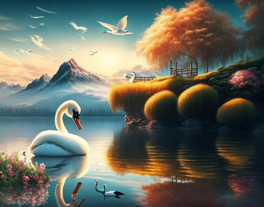 Tranquil lake scene with swans, vibrant foliage, pier, mountains, and pastel sky