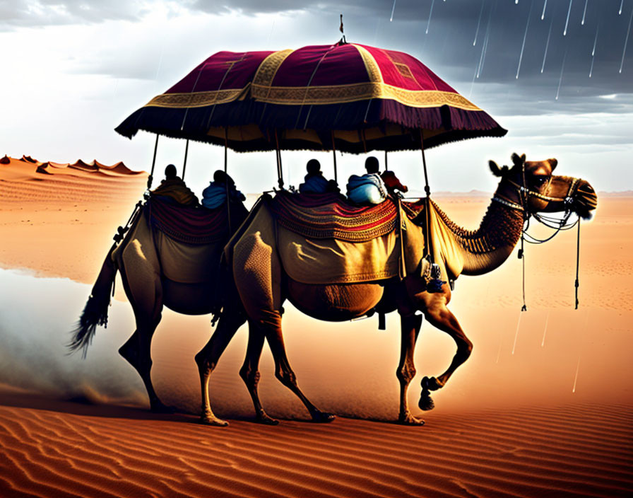 Colorful saddles on camel with riders under umbrella in desert rain