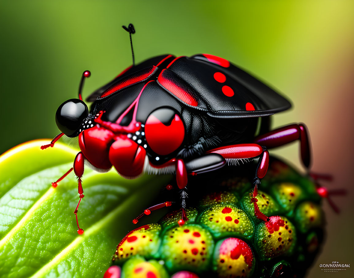Vivid digital artwork: Red and black insect on colorful leaf