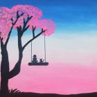 Person on swing under pink cherry blossom tree in surreal starry sky