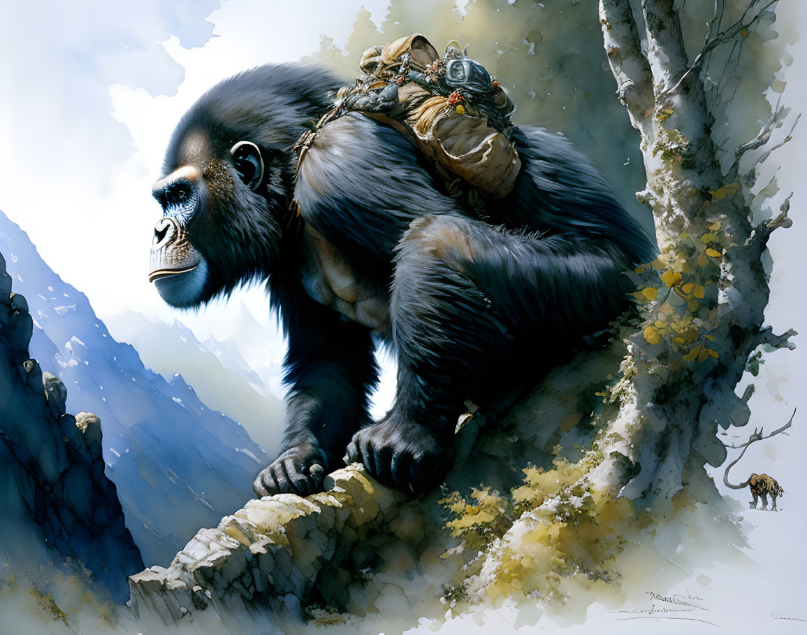 Detailed illustration of large gorilla with backpack on tree branch
