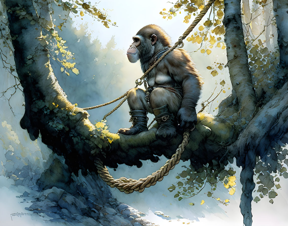 Anthropomorphic monkey in fantasy attire sitting on forest tree branch