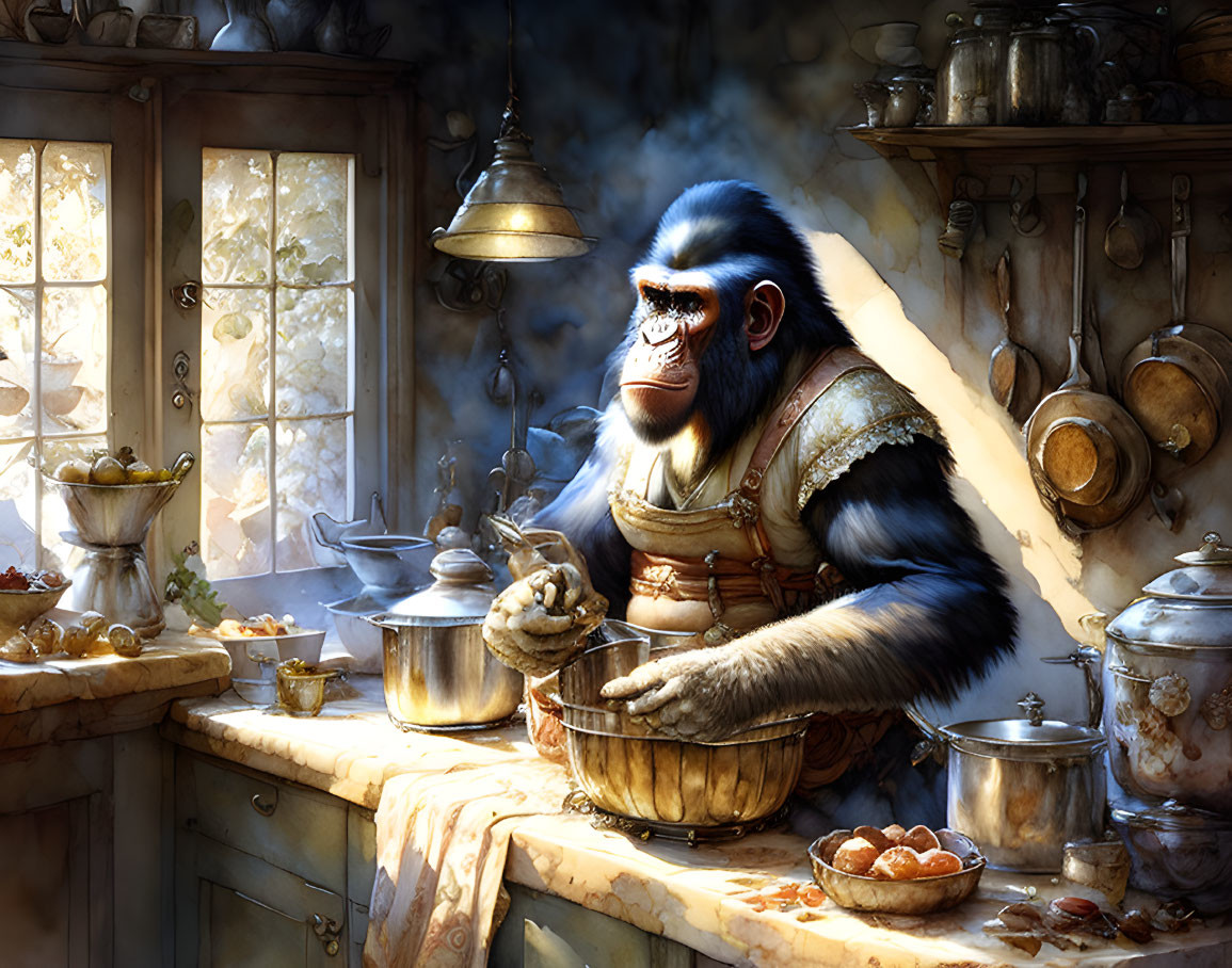 Anthropomorphic gorilla cooking in cozy rustic kitchen