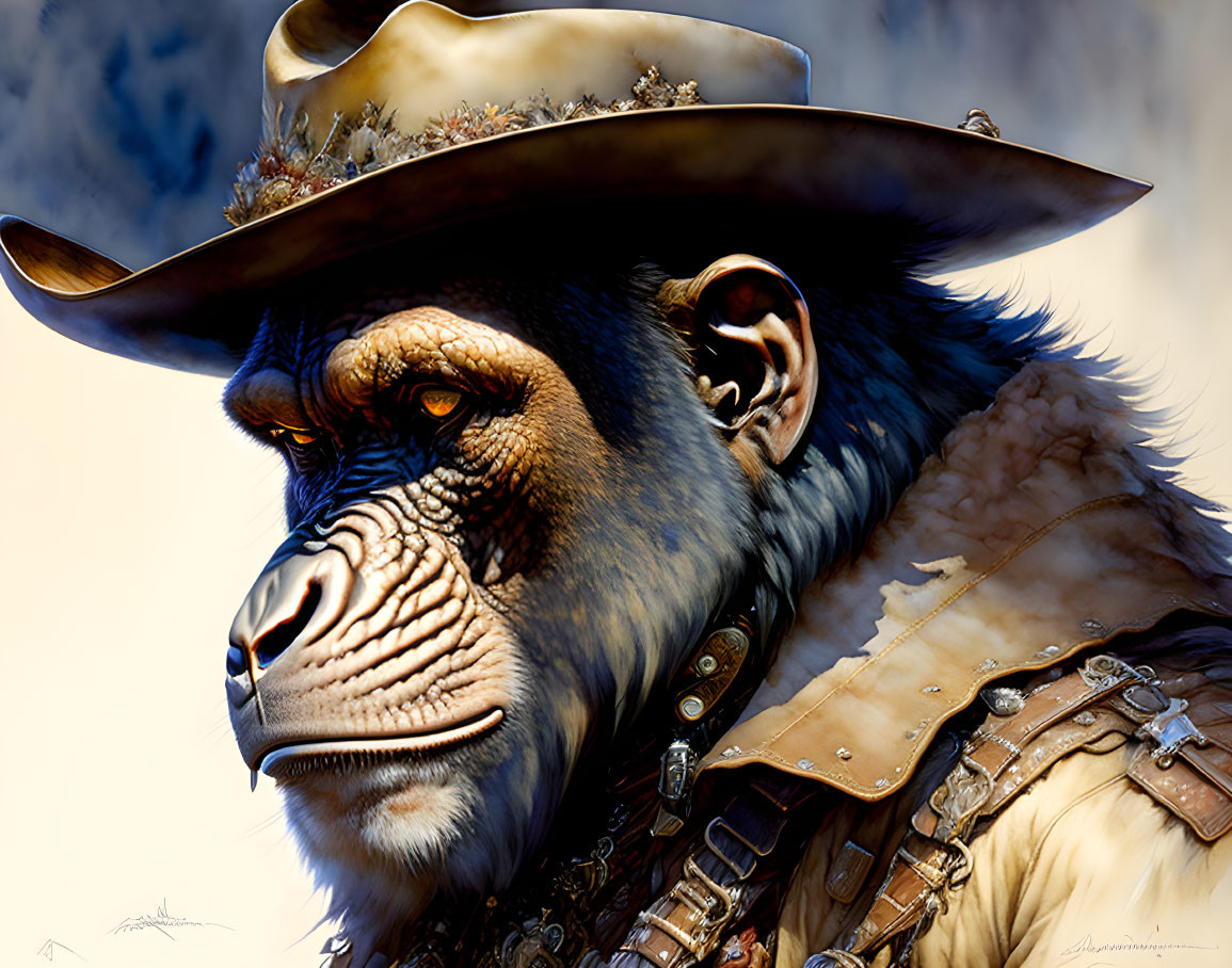 Anthropomorphic gorilla in Wild West cowboy attire against blue sky