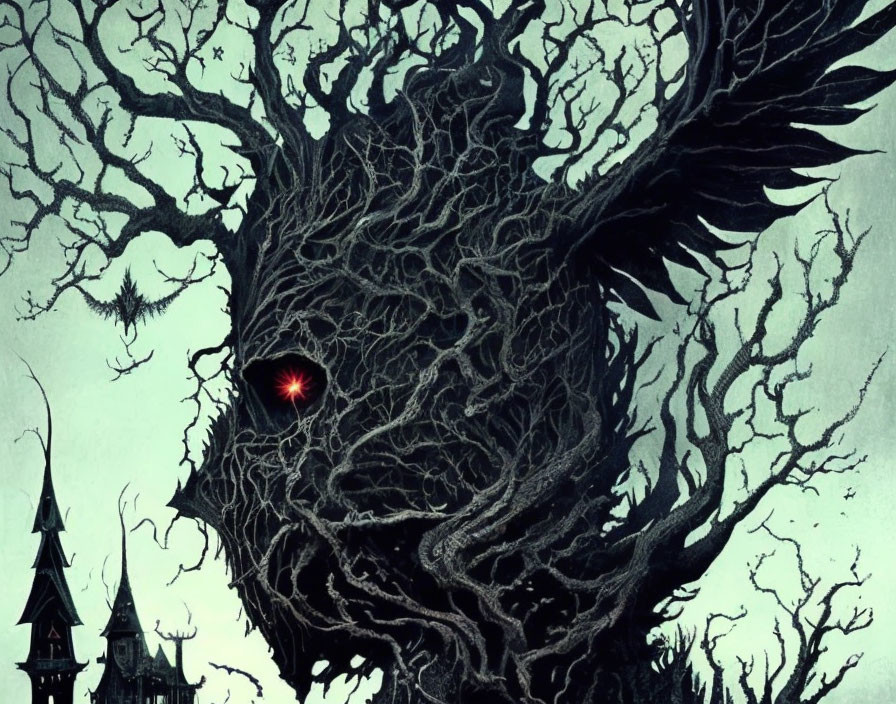 Illustration of tree with face branches and red eye in eerie castle setting