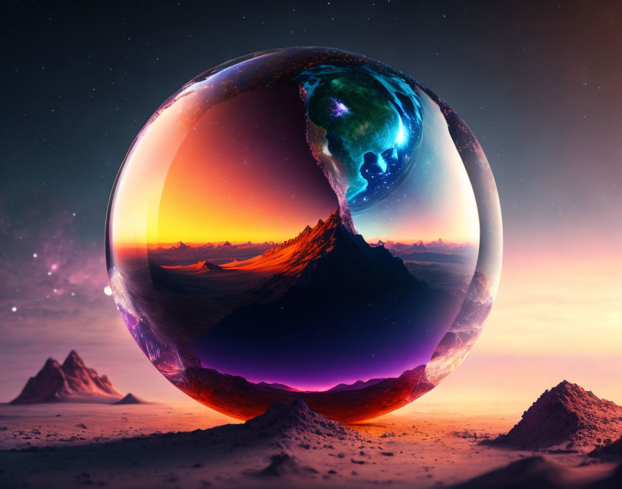 Surreal Earth in transparent sphere on rugged terrain under twilight sky