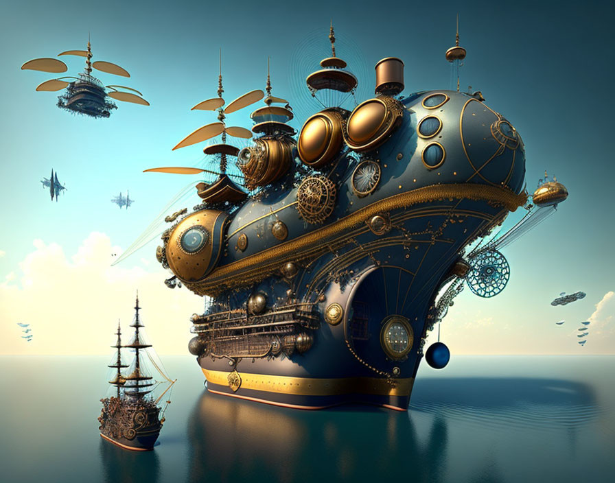 Steampunk-inspired airship with bronze and gold details above ocean and sailing ship
