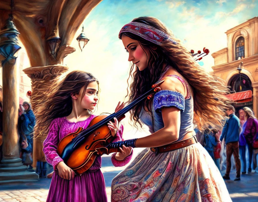 Street musician plays violin for mesmerized girl in vibrant dress under warm sun.