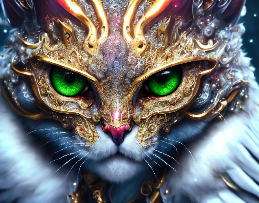 Majestic cat with vibrant green eyes and ornate gold mask