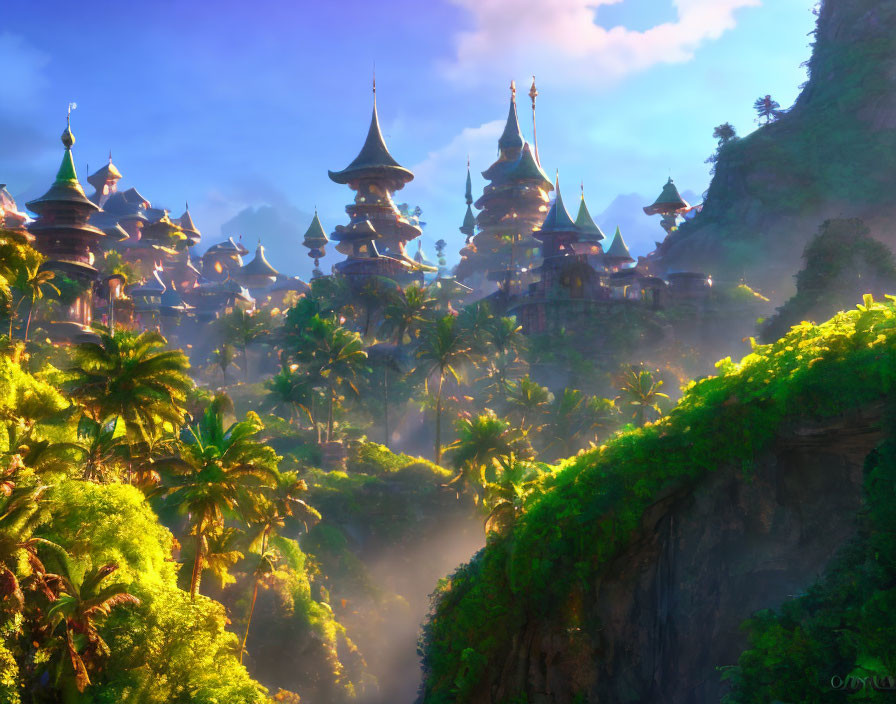 Mystical city with towering spires in lush jungle