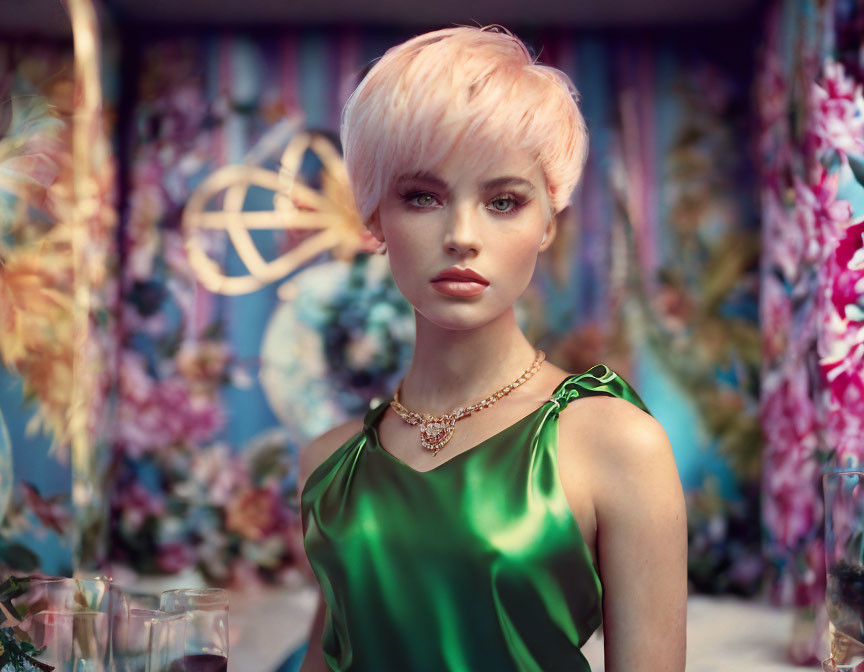Pink-haired mannequin in green satin dress against floral backdrop with bokeh effect